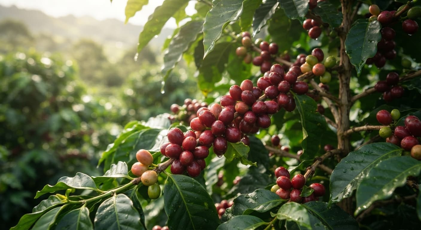Ripe red coffee cherries growing on a sunlit tree