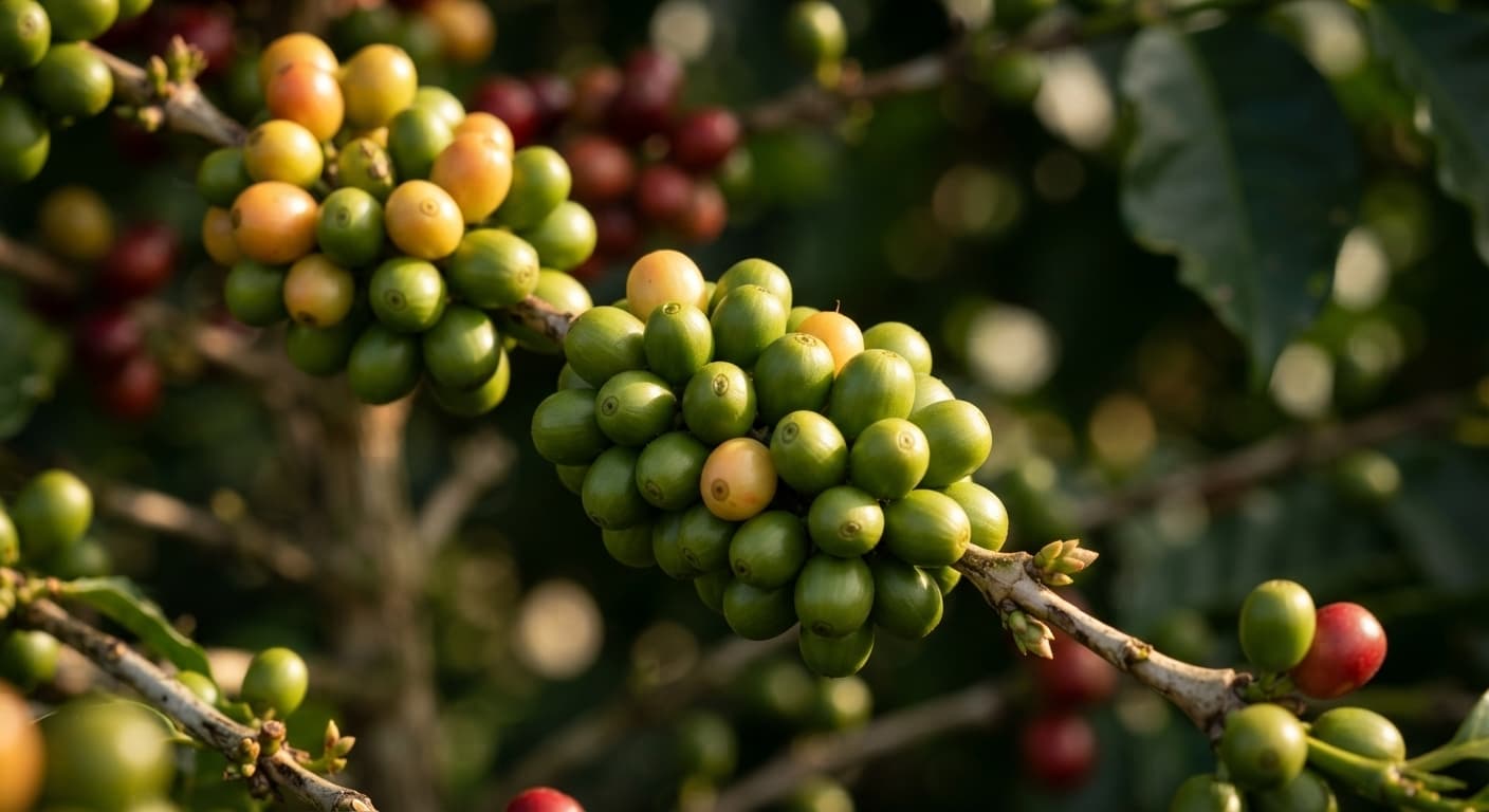 Clusters of green and ripening coffee cherries on a branch