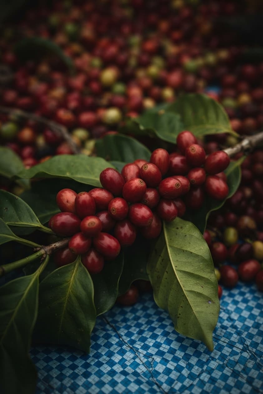 Ripe red coffee cherries gathered with leafy branches