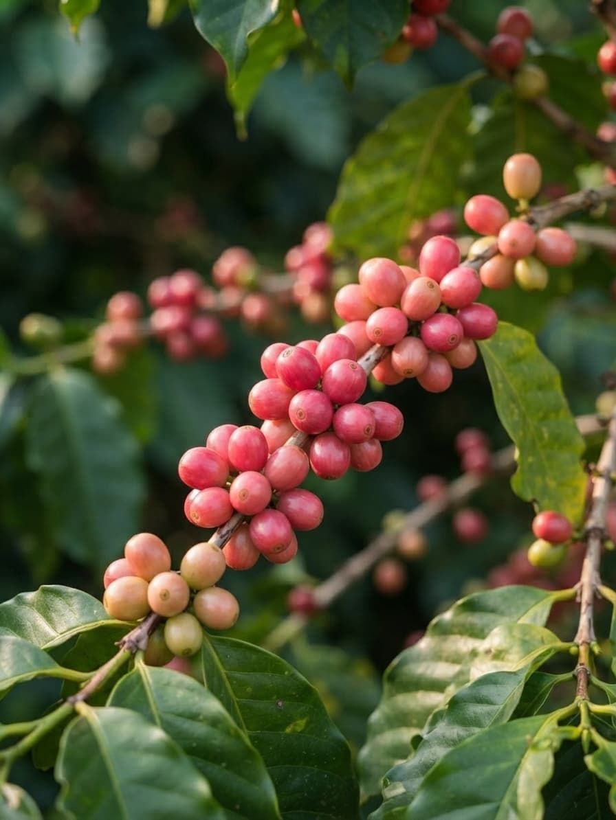Clusters of ripe pink coffee cherries growing on a leafy branch