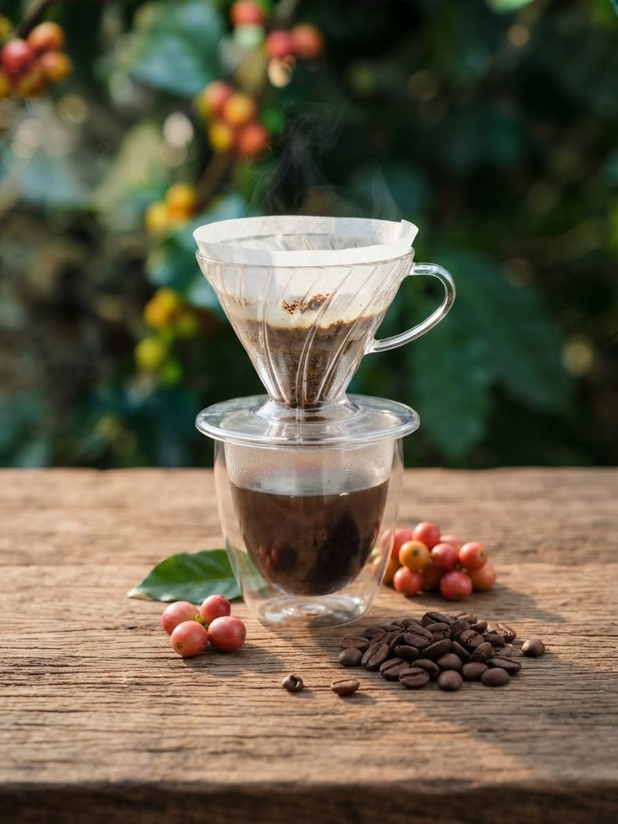 Fresh pour-over coffee beside pink coffee cherries and roasted beans