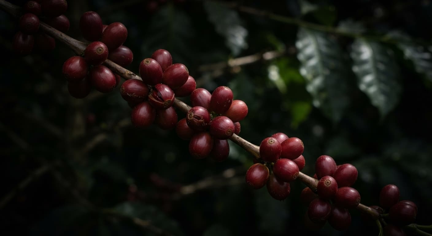 Deep red ripe coffee cherries clustered along a branch